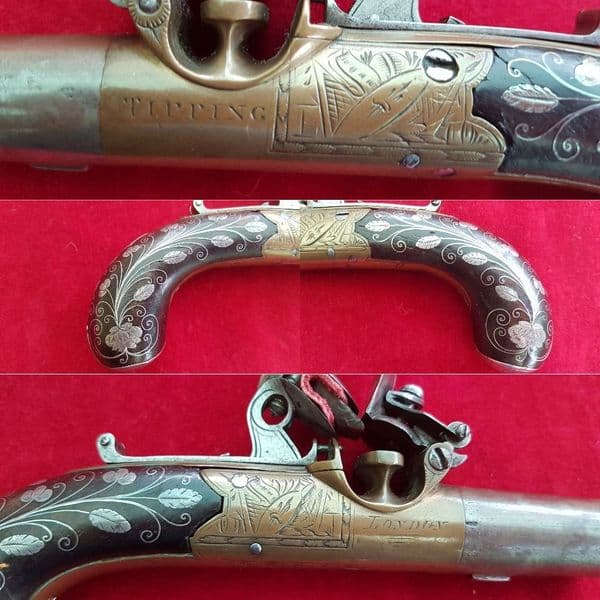 X X X SOLD X X X Pair English Flintlock pocket Pistols with silver wire inlay. By TIPPING. Ref 1570.